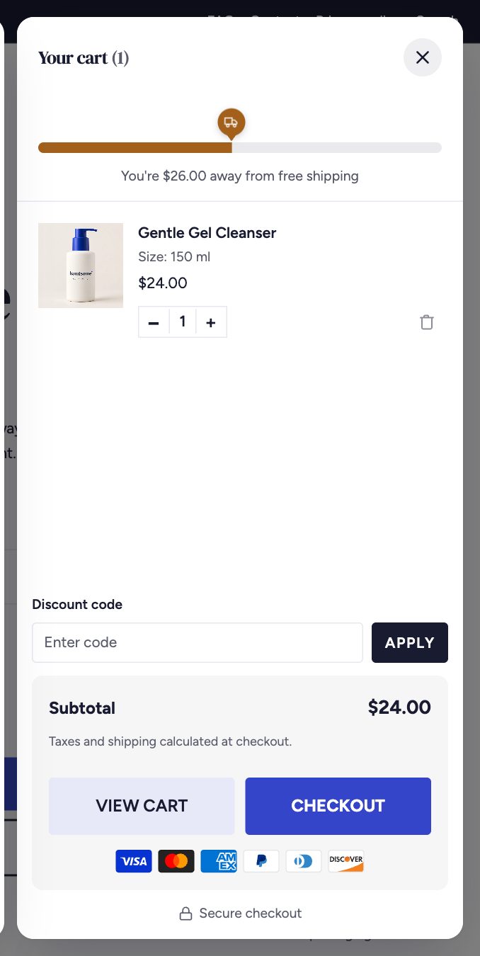 The cart drawer with the free shipping bar