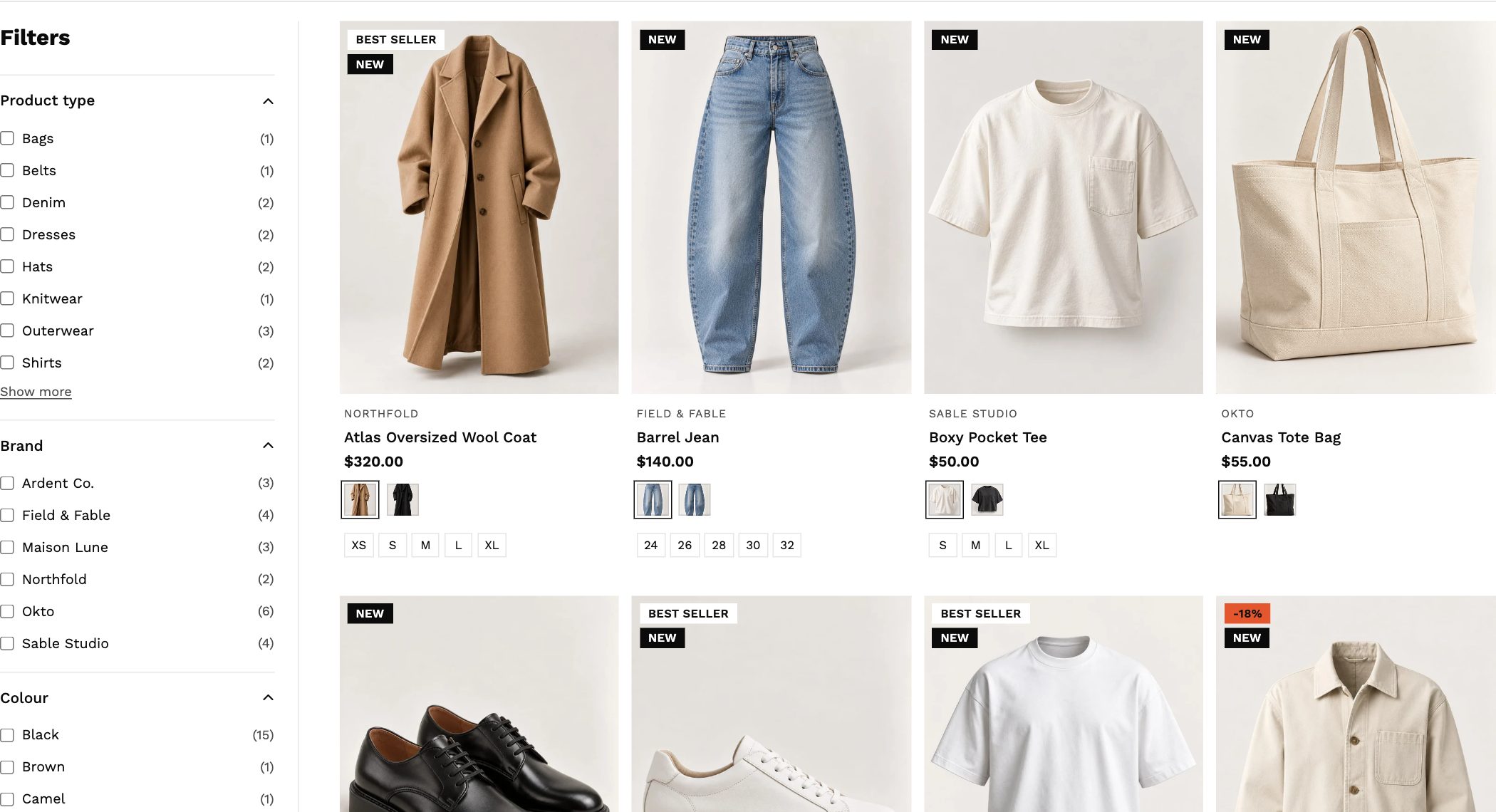 Filters in the left sidebar on the Tribe collection page
