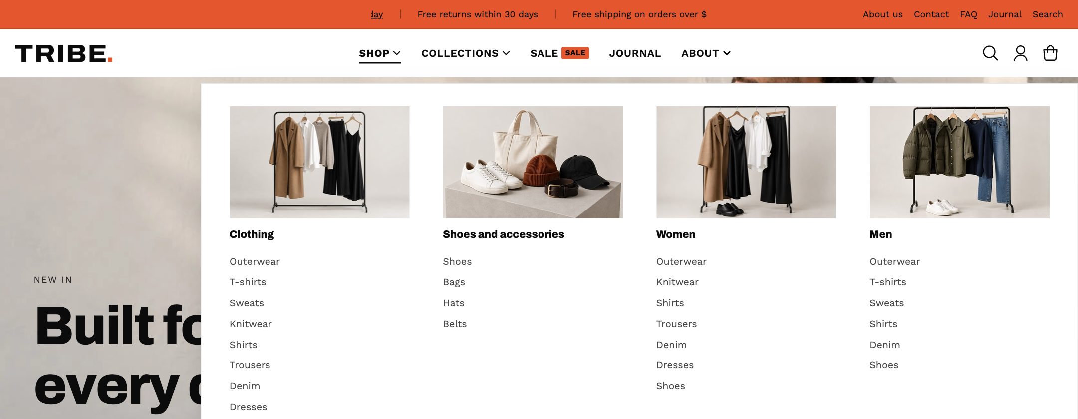 A mega menu with collection images in the Tribe preset