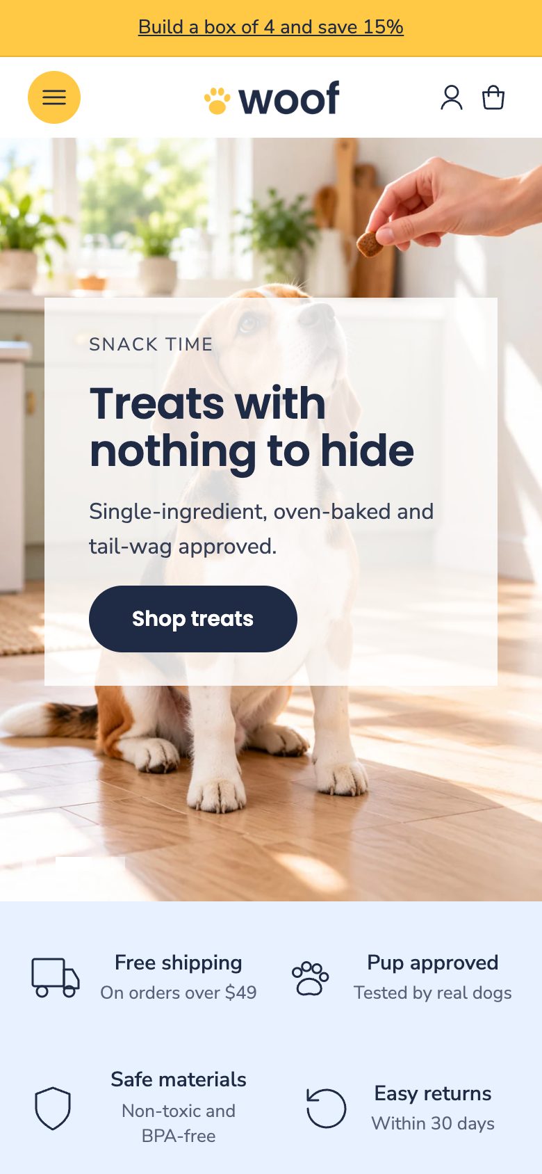 The Woof home page on a phone